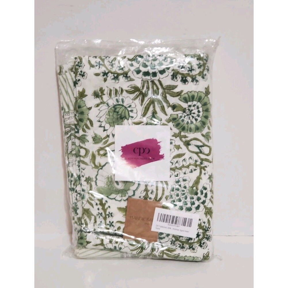 Block Print Indian Cotton Tablecloth Agate Green Rectangular Washable 60" X 90"
